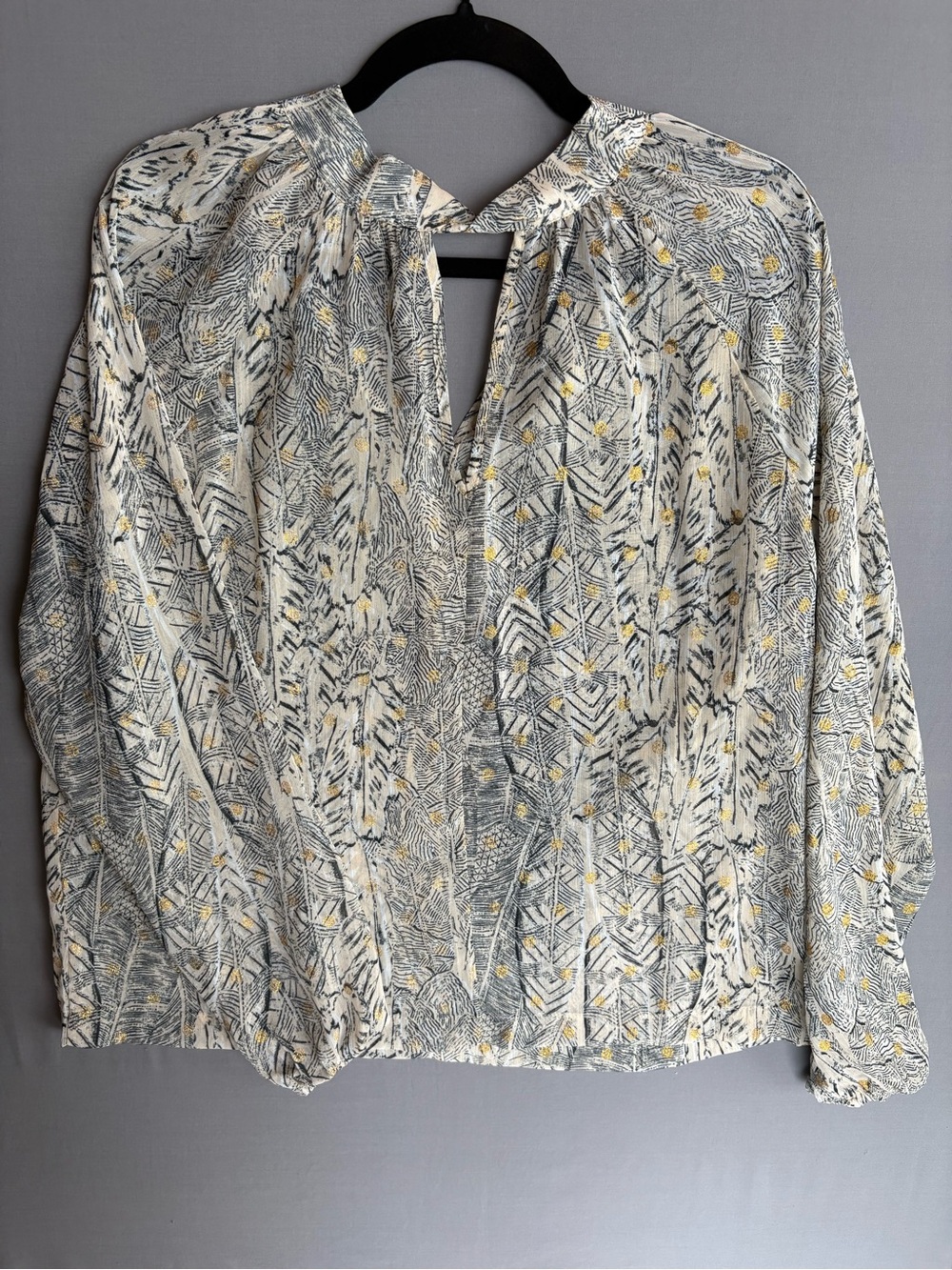 Lightweight Printed Long-Sleeve Blouse - Cream with Gray & Yellow